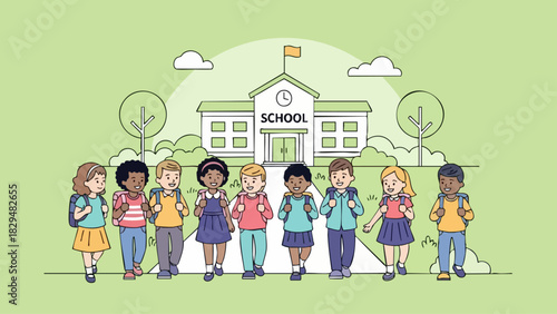 Diverse group of elementary school students standing in front of their school building.