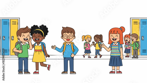 Diverse group of elementary school students in a school hallway.