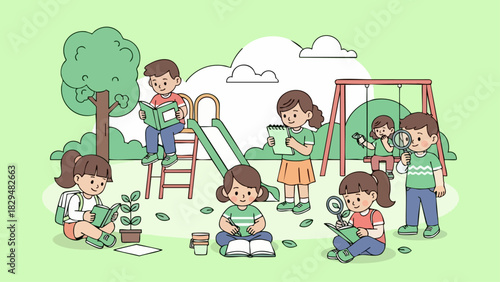 Children enjoying outdoor activities reading books and playing on playground.