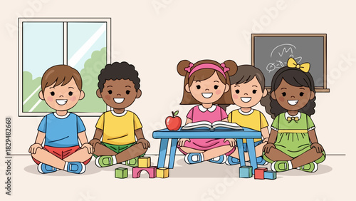Diverse Group of Children Learning Together in a Classroom Setting.