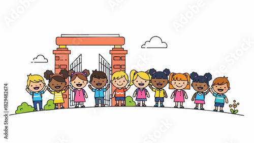 Happy diverse children waving in front of school gate.