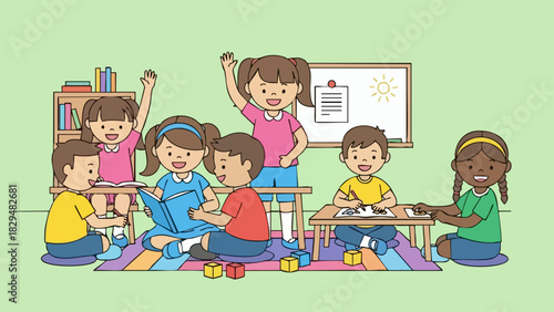 Diverse group of happy children learning and playing together in a vibrant classroom setting.