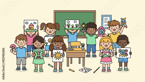 Group of diverse children proudly displaying their artwork in a classroom setting.