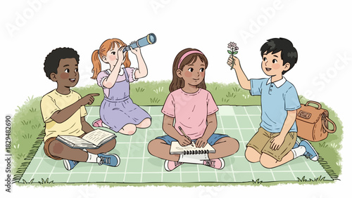 Children exploring nature with a telescope and notebook on a picnic blanket.