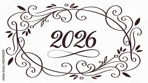 Elegant floral frame with the year 2026 in center, perfect for invitations and celebrations design element