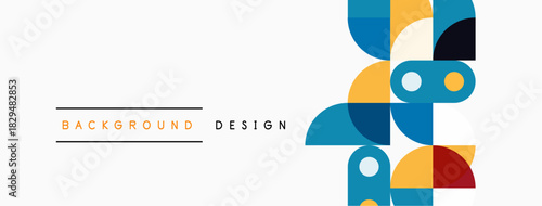 Abstract geometric shapes, vibrant colors, modern design elements. Background features text labels, simple composition.