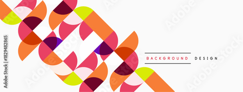 Abstract geometric pattern. Circles, squares overlap creating dynamic visual effect. Bright colors contrast against white space.