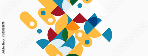 Abstract geometric shapes, vibrant colors, modern design. Composition features overlapping circles, segments, curves. Clean aesthetic, simple background.