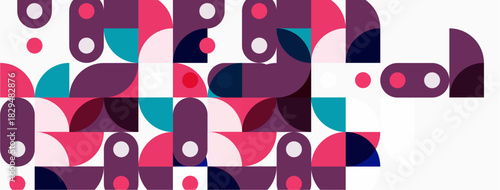 Abstract geometric pattern. Shapes overlap, creating colorful composition. Pink, purple, teal dominate design. Modern aesthetic.