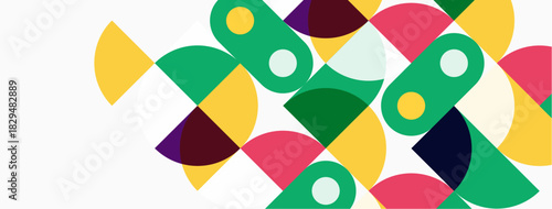 Abstract geometric shapes overlap, creating vibrant colorful composition. Circles, semicircles, dots form playful modern design.