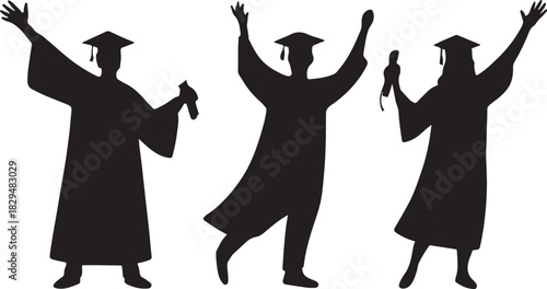 Three silhouetted graduates in caps and gowns celebrate their academic achievement