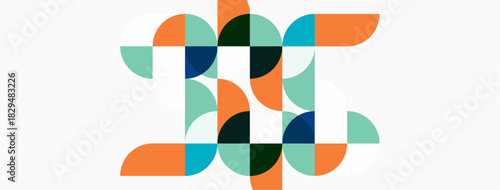 Abstract geometric design. Overlapping circles create complex pattern, using teal, orange, dark green hues. Minimalist style, clean lines.
