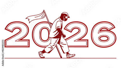 Illustration of a person wearing a mask and carrying a flag with the year two thousand twenty six