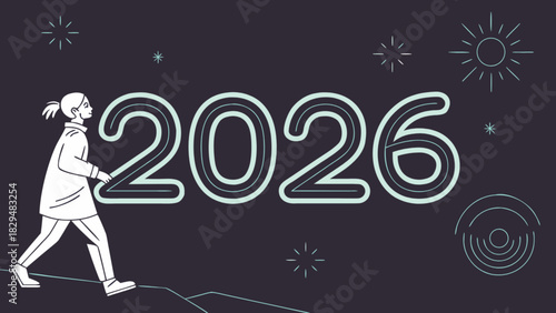 Illustration of a woman walking towards the year 2026 with stars and abstract shapes on a dark background