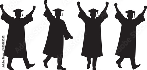Four graduating students in silhouette with arms raised celebrating on a white background
