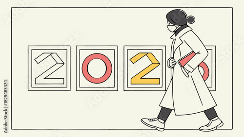 Woman walking past framed numbers two zero two zero wearing a mask and carrying a book under her arm