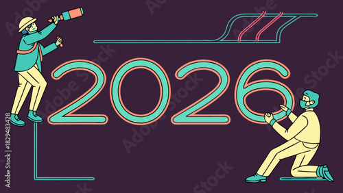 Illustration of two people interacting with the year 2026 in a stylized graphic design