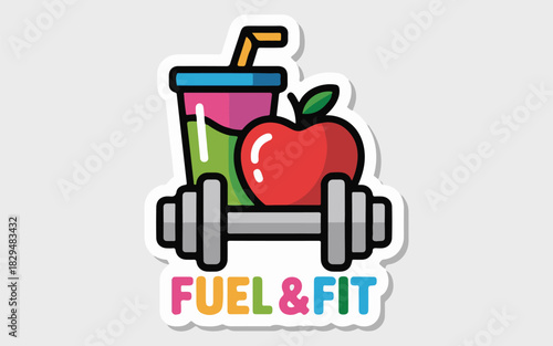 Fuel & Fit Nutrition and Workout Sticker with Dumbbell and Apple Vector Illustration