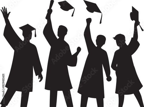 Graduation ceremony silhouette of students throwing caps in the air in celebration