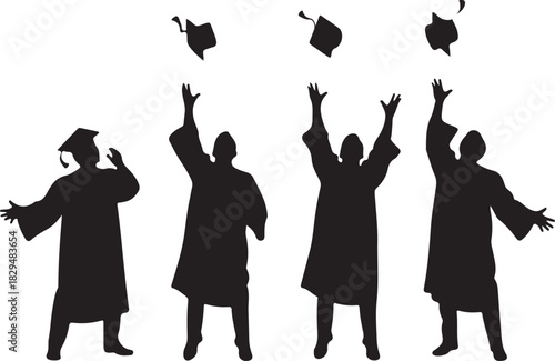 Graduation caps thrown in air silhouette of celebrating students, full shot