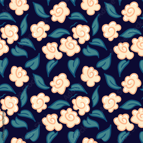 Seamless vector pattern of delicate flowers and cottage core motifs, combining soft petals, greenery, and vintage charm for a romantic, nature-inspired surface design.