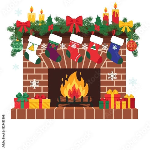 Cozy christmas fireplace with stockings hanging and burning fire