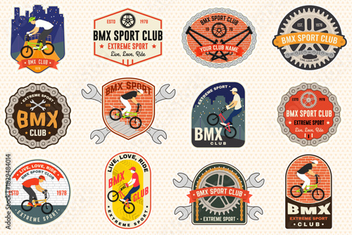 Set of Bmx extreme sport club patch, sticker. Vector illustration. Concept for shirt or logo, print, stamp or tee. Vintage typography design with man ride on a sport bicycle bmx silhouette.