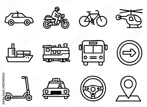 Black and white bold outline vector icon set of transportation- car, motorcycle, bicycle