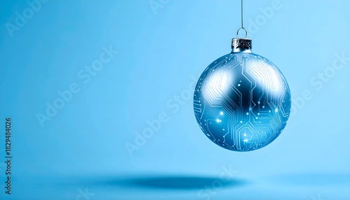 Bola navideña azul con diseño tecnológico sobre fondo azul minimalista