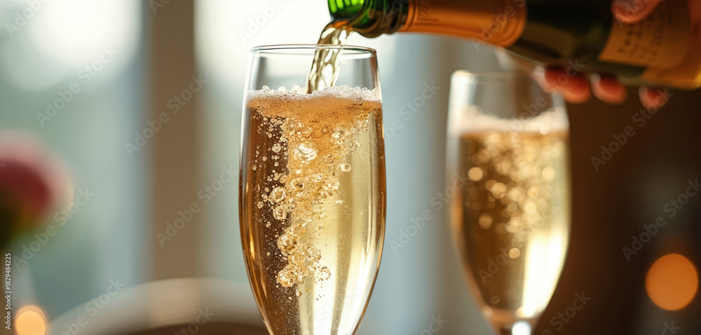 Obraz premium Champagne is poured into a glass with bubbles. Celebration beverage flows from the bottle to wineglass in daylight. Luxury alcohol drink at party event on holiday or at home.