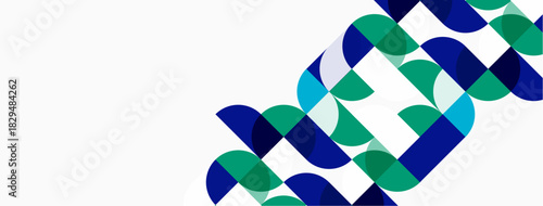 Abstract geometric shapes overlap, creating dynamic visual pattern. Blue, green hues dominate white background. Modern design element.