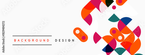 Abstract geometric shapes overlap, creating vibrant colorful background design. Minimalist style with text elements present.