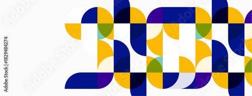 Abstract geometric pattern. Circles, semicircles overlap creating colorful design. Blue, yellow, green hues dominate composition. Modern aesthetic.