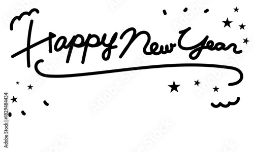 Simple Hand Drawn Happy New Year Lettering with Fluffy Star Elements. Monochrome Vector for Video.