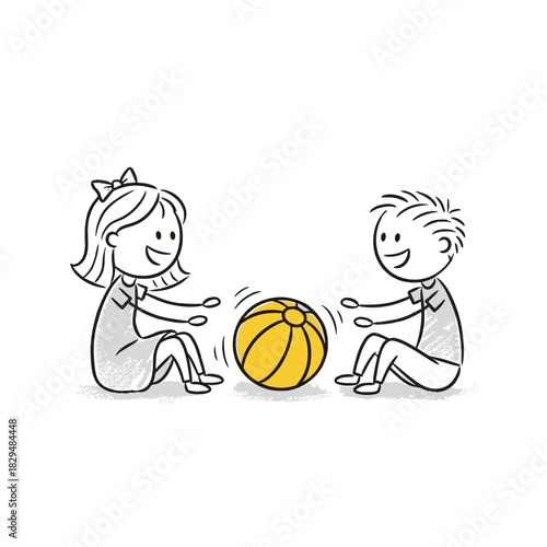Two children playing with a yellow ball while sitting on the floor  