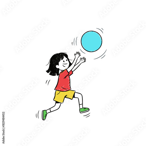 Girl catching a blue ball while running in a playful manner  