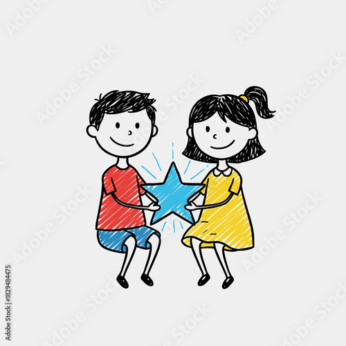 Two children holding a blue star together and smiling happily  