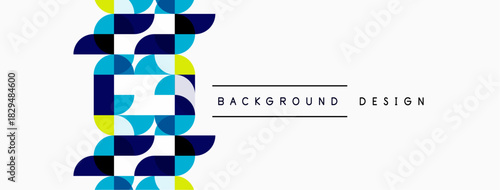 Abstract geometric pattern. Blue, yellow, green shapes create modern design. White background provides clean contrast. Simple, elegant.