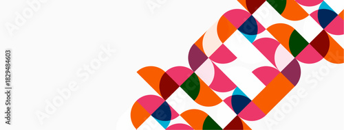 Abstract colorful semicircles overlap diagonally. Bright hues create dynamic visual pattern. Minimalist design, modern aesthetic.