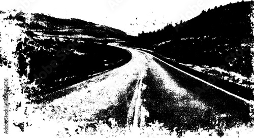 Antique engraving depicting a road winding through a mountainous landscape. Black and white vector illustration emphasizing the scenery.