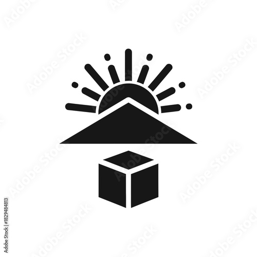 "Minimal House Delivery Icon with Sunrise and Package Box – Modern Logistics Vector Symbol"