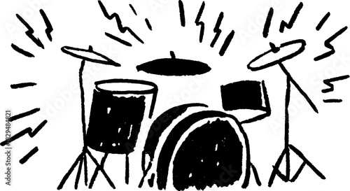 Drumset illustration in a minimal black and white style. Simple design showcasing the percussion instruments in a clear vector style.