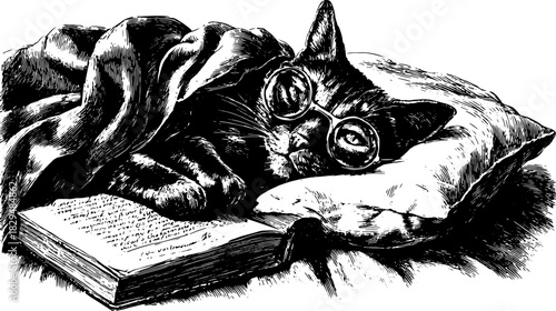 Cat wearing glasses, resting on a pillow with a blanket. A detailed vector illustration showcasing a cozy reading theme.