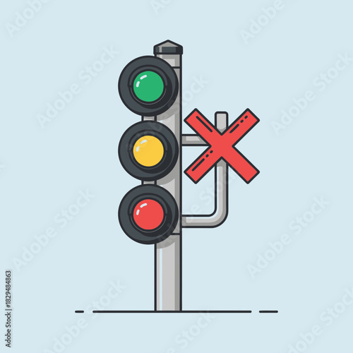 "Railway Signal Icon with Traffic Lights and Crossing Sign – Train Safety Vector Illustration"