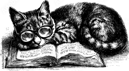 Cat with glasses reading a book on a flat surface. Vintage vector illustration set featuring a furry tabby with detailed texture.