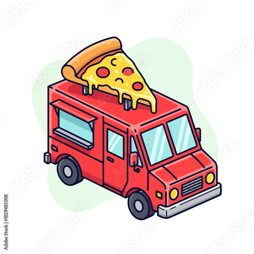 “Pizza Food Truck Logo – Red Mobile Pizza Van with Cheese Slice Illustration”