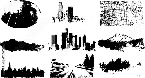 City skyline silhouette in black and white. Urban landscape vector illustration with mountains, forest, and highway in a set.