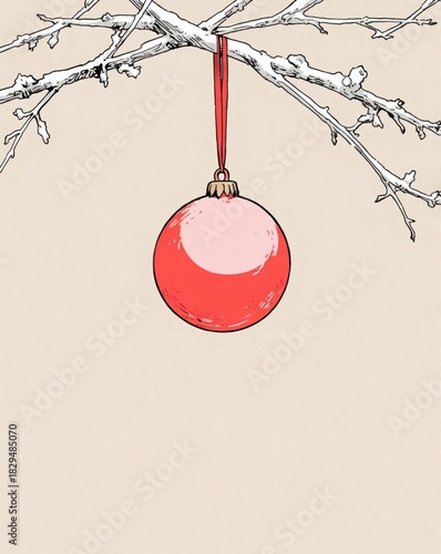 Minimal Christmas still life with red ornament hanging on branch  