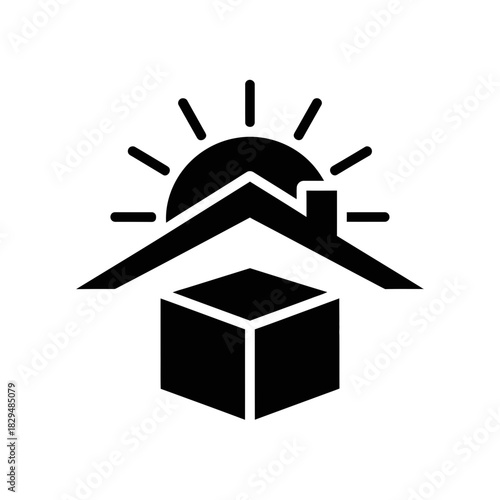 "Minimal House Delivery Icon with Sunrise and Package Box – Modern Logistics Vector Symbol"