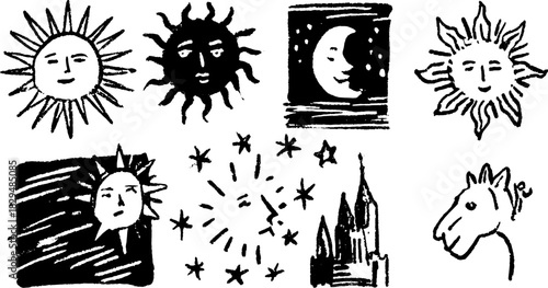 Vector illustration of celestial faces including sun, moon, and stars in a simple graphic style. Ideal for art and design projects.